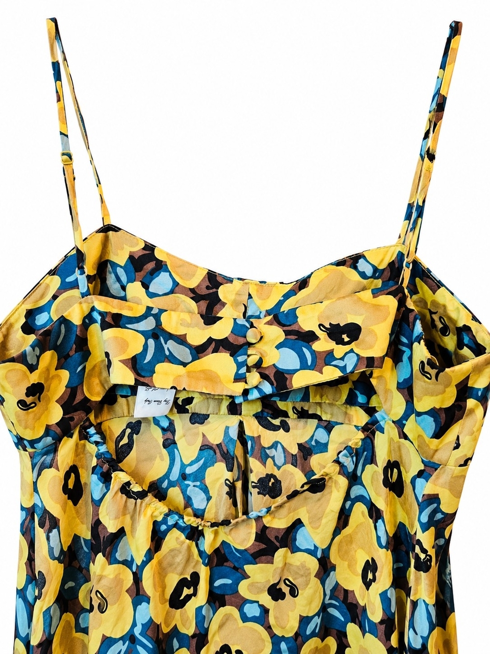 100% Silk Floral Camisole Top Yellow Blue Cutout Back Size M - Picture 5 of 7